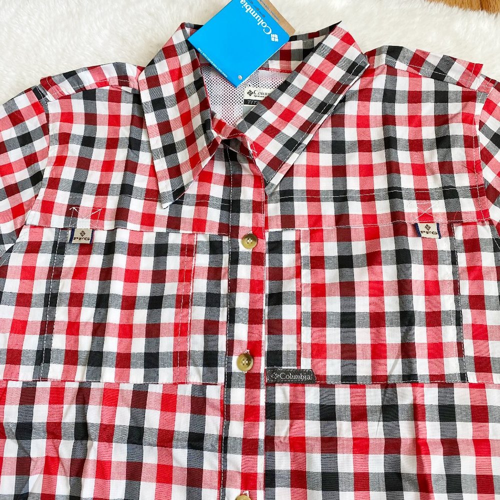 Columbia, Women's PFG Bonehead Short Sleeve Shirts, Red/Black Plaid, Size L / XL - Picture 2 of 12